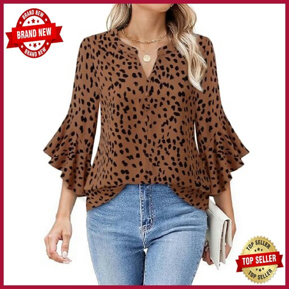 Chiffon Ruffle Sleeve V-Neck Blouse 3/4 Sleeve Button Down - Picture 4 of 8